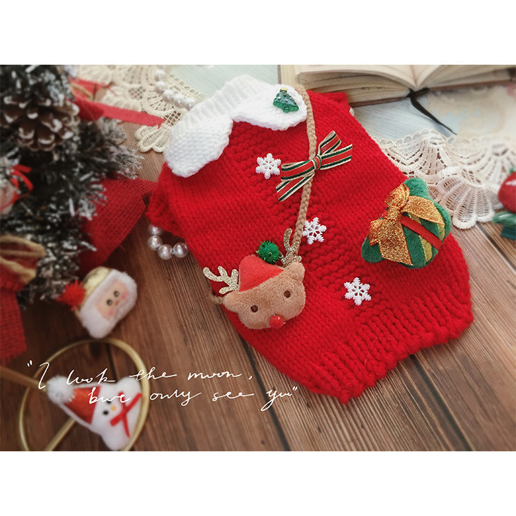 Maglione Natale per Cani Rosso con Renna Ricamata e Colletto Bianco
