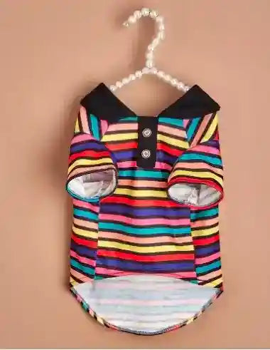 Colorful striped dog shirt with black collar and buttons on pearl hanger against beige background