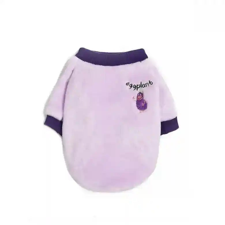 Light purple soft dog sweater with dark purple collar and cuffs, embroidered with a cartoon eggplant and text