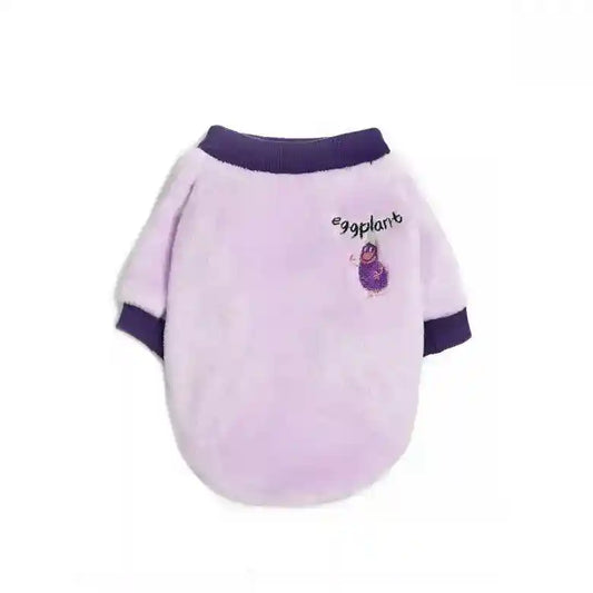 Light purple soft dog sweater with dark purple collar and cuffs, embroidered with a cartoon eggplant and text