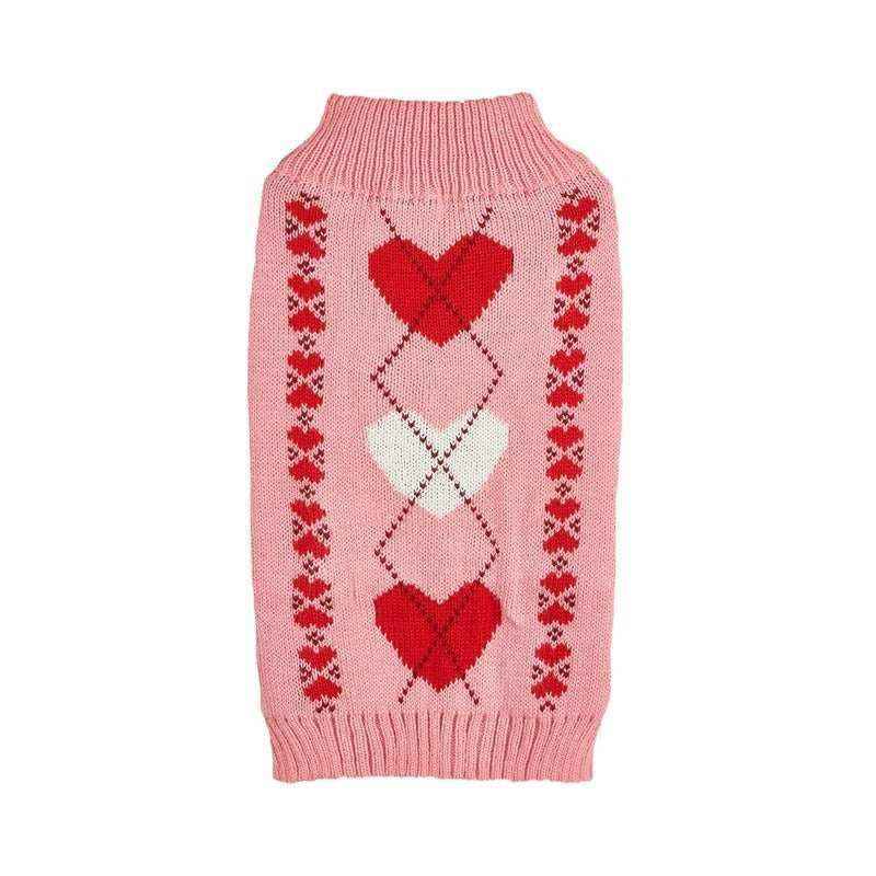 Pink knitted dog sweater with red and white heart patterns and ribbed collar and hem