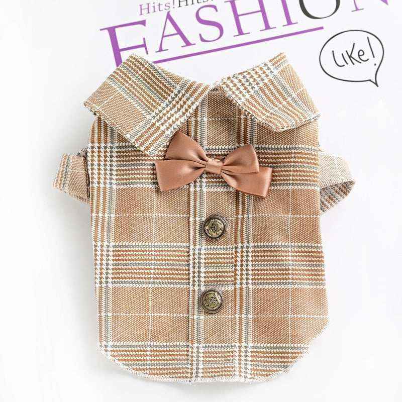 tan plaid dog shirt with bow tie and buttons on white background with purple fashion text