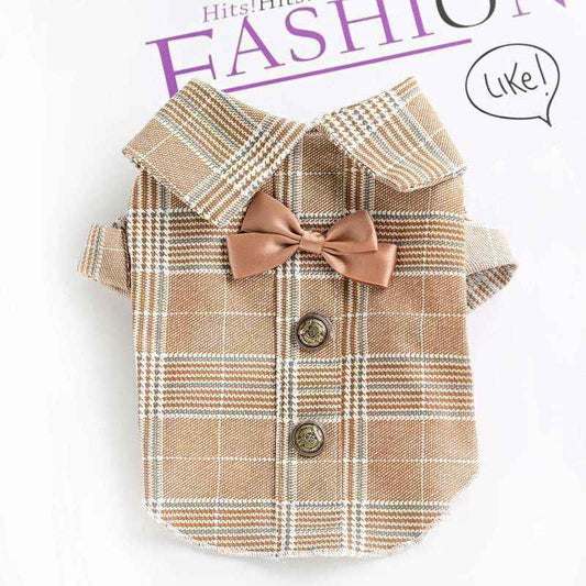 tan plaid dog shirt with bow tie and buttons on white background with purple fashion text