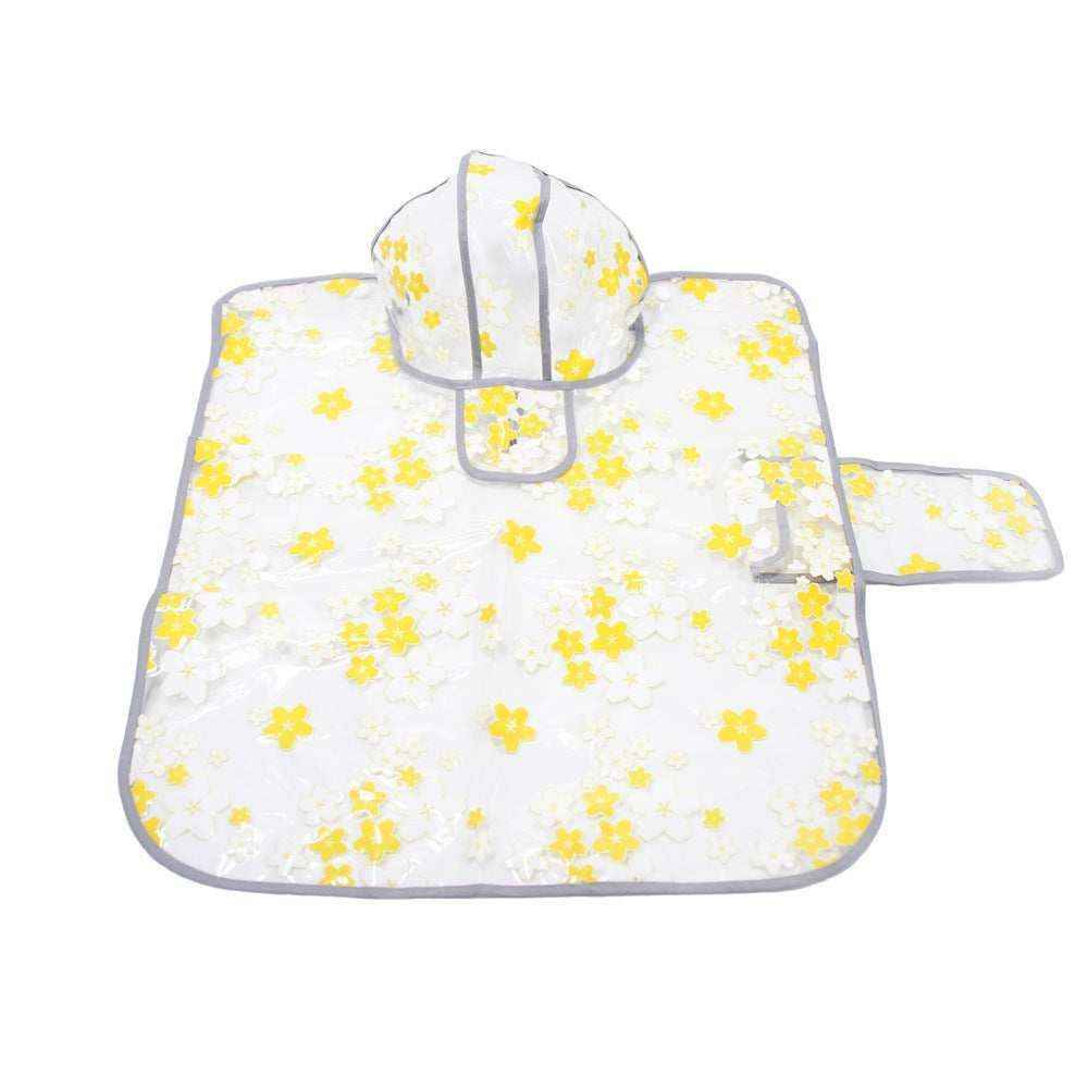 Waterproof baby hooded poncho with yellow and white floral pattern and gray trim