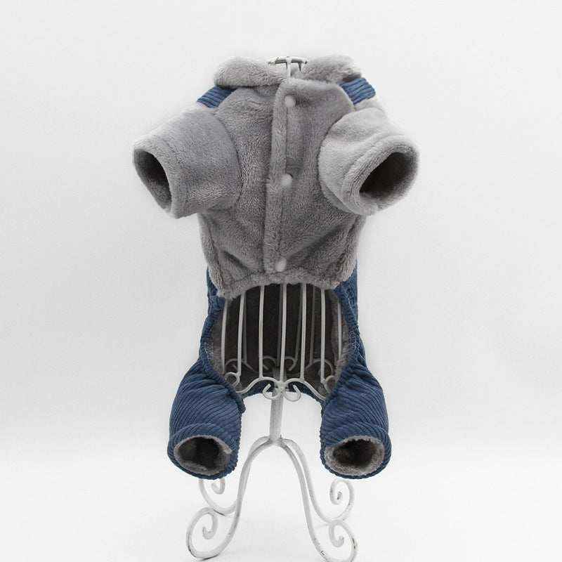 Gray and navy blue fleece dog jacket with short sleeves displayed on white wire mannequin