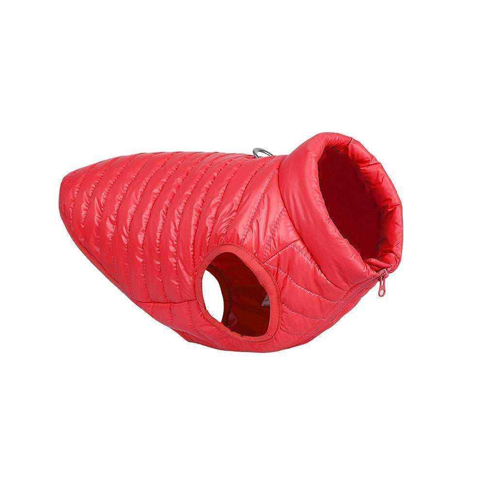Red quilted dog jacket with armholes and high neck collar for small pets