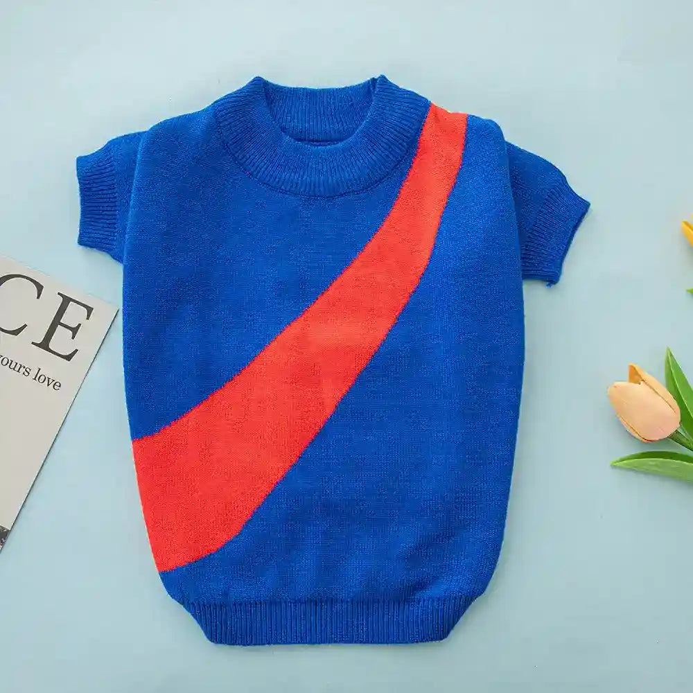 Blue knitted short-sleeve sweater with a bold red diagonal stripe on a light blue background