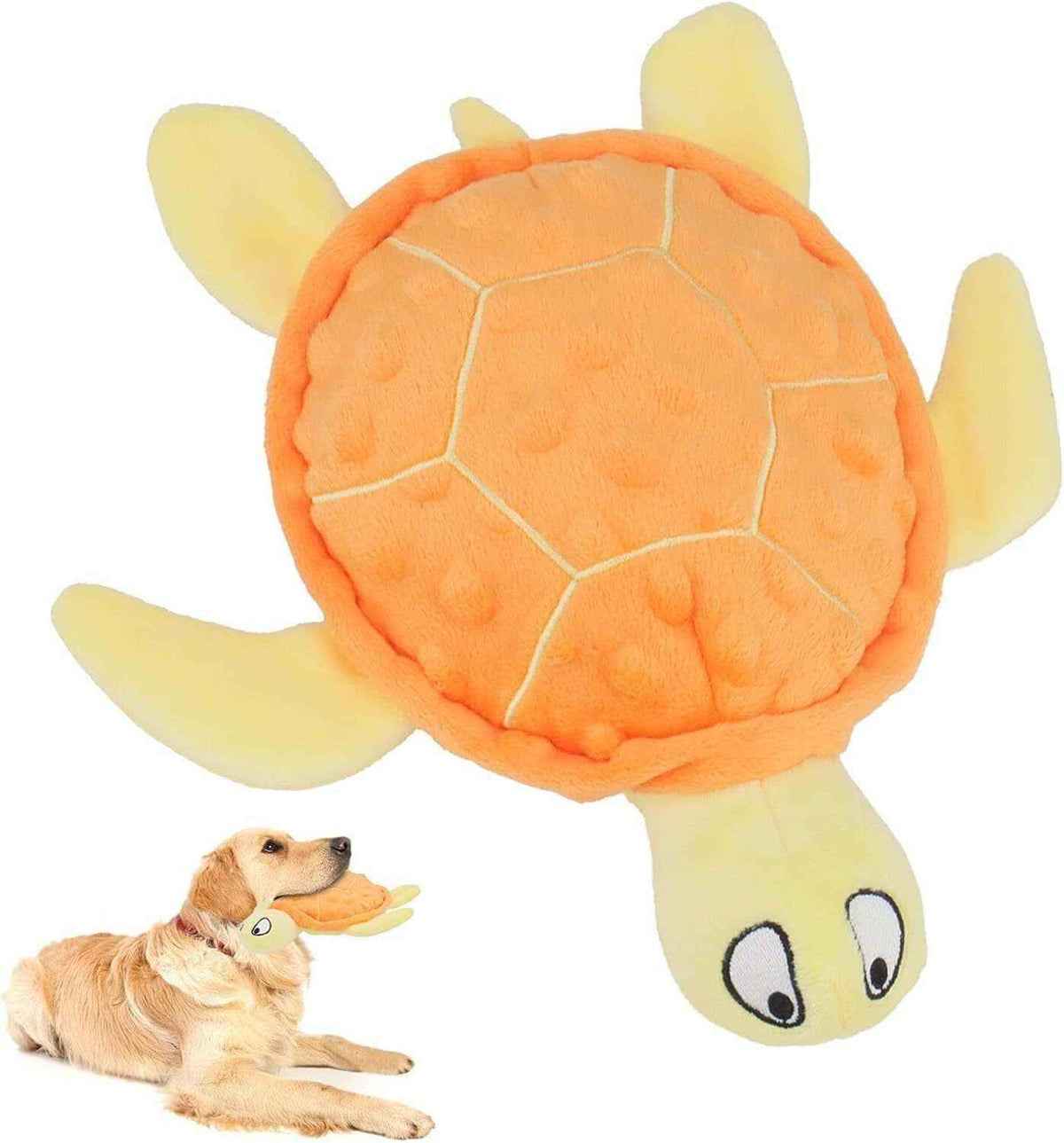 Plush orange and yellow turtle dog toy with a golden retriever holding it in mouth