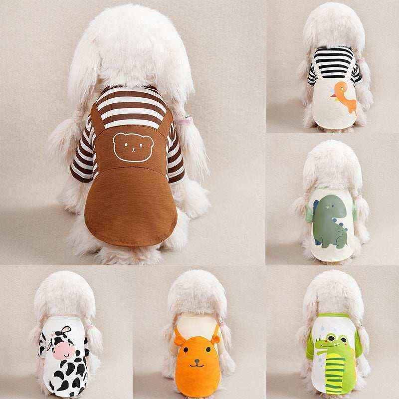 Small white dog wearing various cute animal-themed pet clothes with stripes and cartoon designs