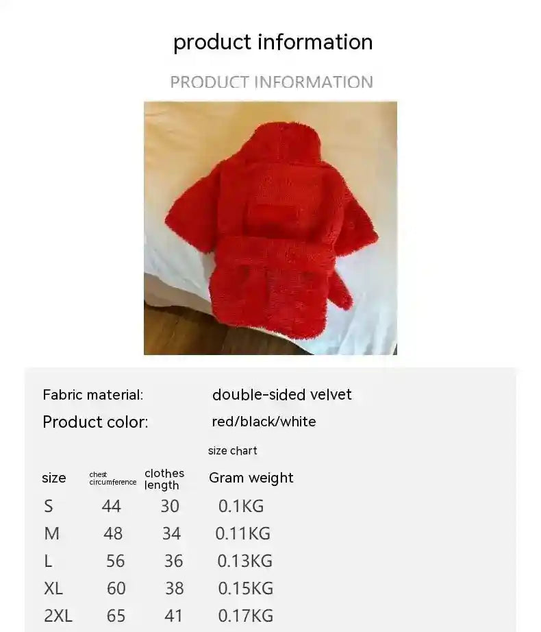red double-sided velvet absorbent dog bathrobe with belt laid on white bed