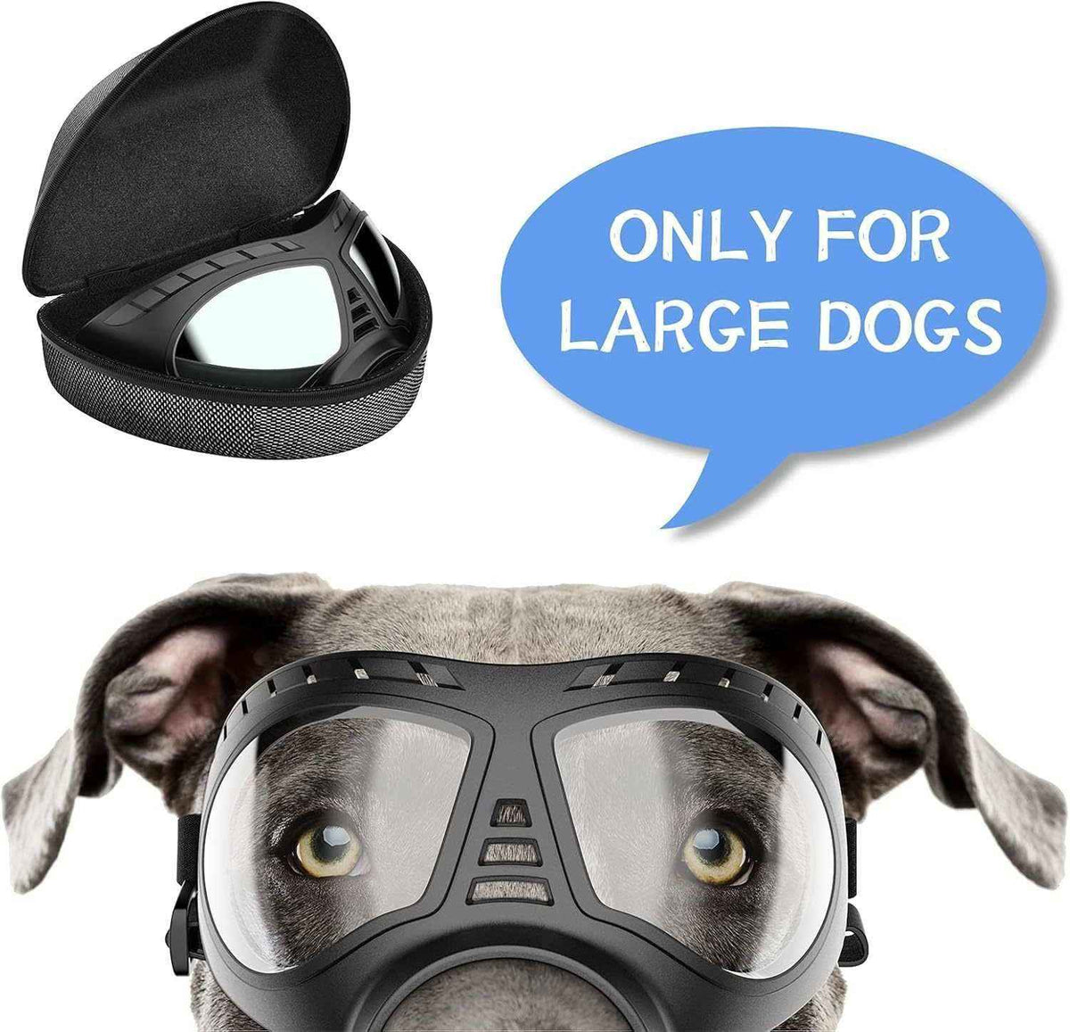 Large dog wearing protective black dog goggles with hard carrying case and blue text bubble