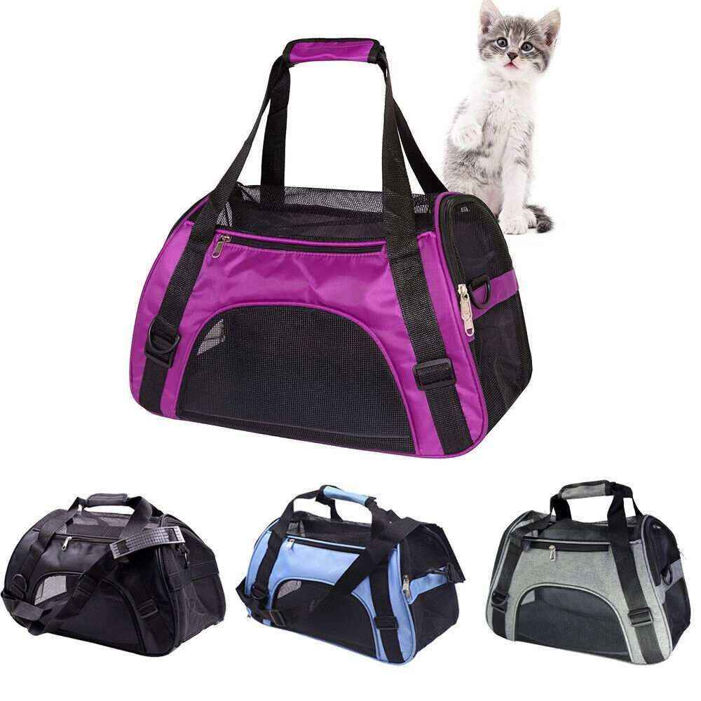 Portable pet carriers in purple, black, blue, and gray with mesh panels and zippers for cats and small dogs
