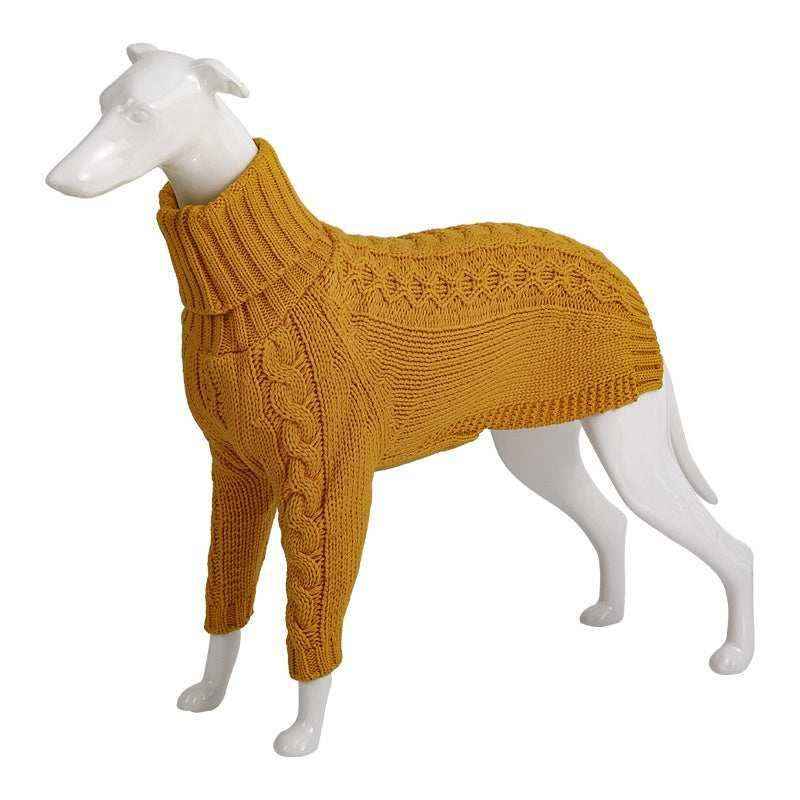 White dog mannequin wearing mustard yellow knitted turtleneck sweater with cable patterns