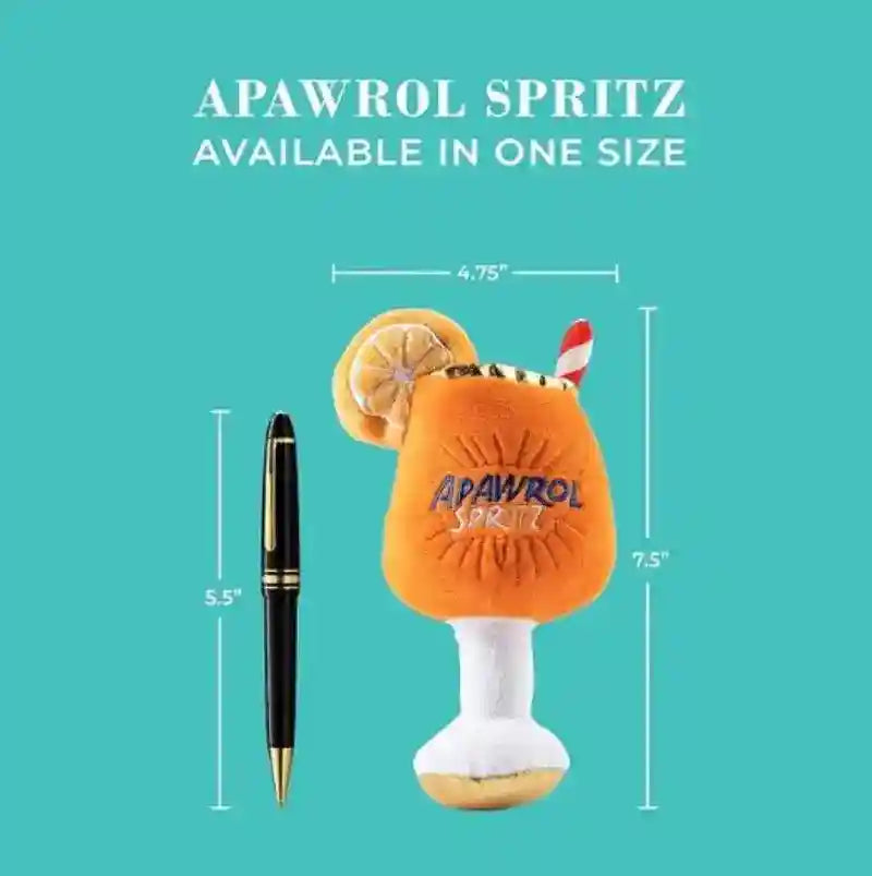 Apawrol Spritz festive dog plush toy shaped like a cocktail with orange slice and straw, 7.5 inches tall