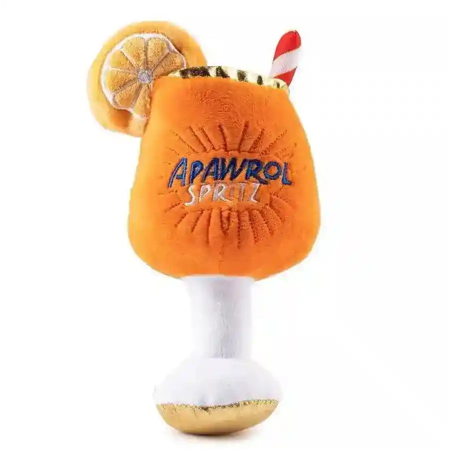Orange plush dog toy shaped like an Apawrol Spritz cocktail with embroidered details