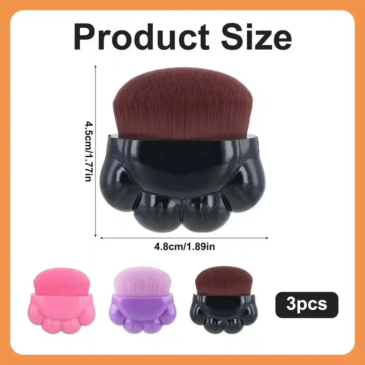 Compact set of 3 makeup brushes with colorful rounded handles and dense bristles, 4.8x4.5cm