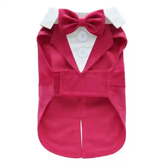 Red pet tuxedo jacket with white collar, bow tie, and double buttons for formal pet attire