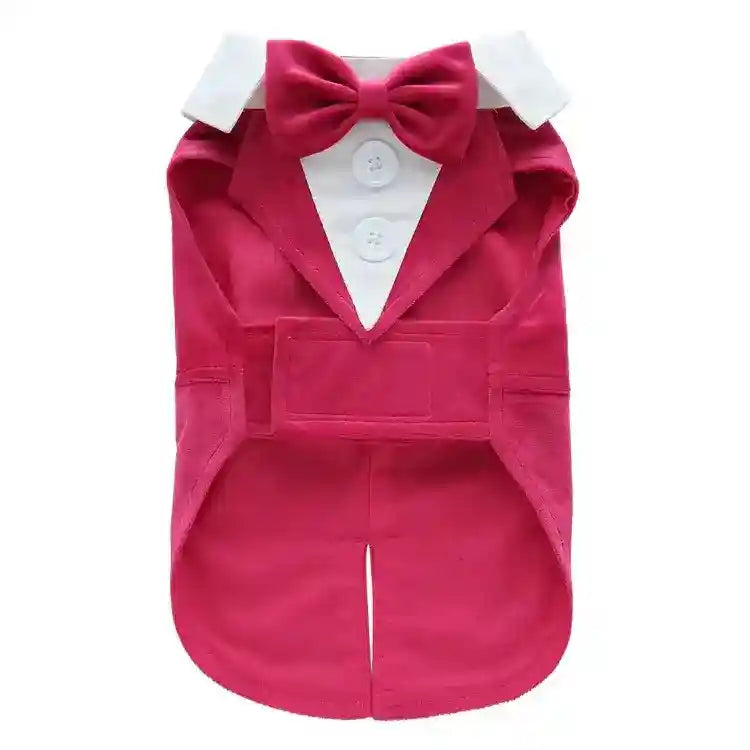 Red pet tuxedo jacket with white collar, bow tie, and double buttons for formal pet attire