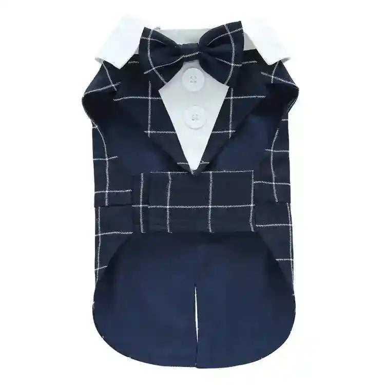 Navy blue pet tuxedo with white checkered pattern, white collar, buttons, and matching bow tie