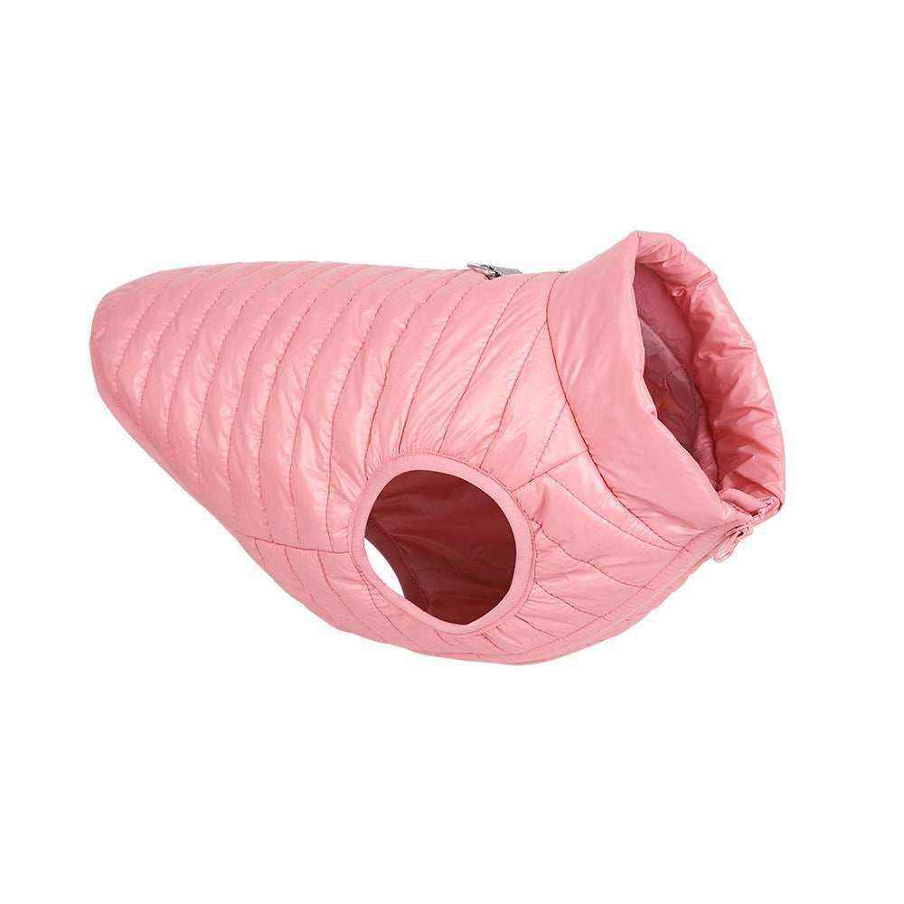 Pink quilted dog jacket with armholes and collar for pet warmth