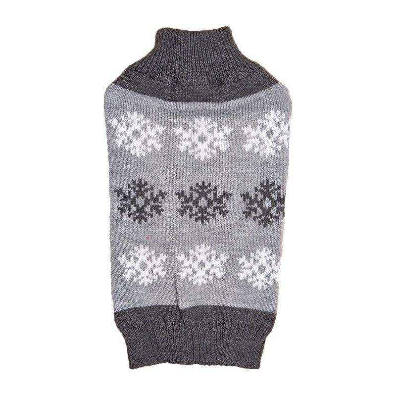Gray knit dog sweater with white and dark gray snowflake patterns