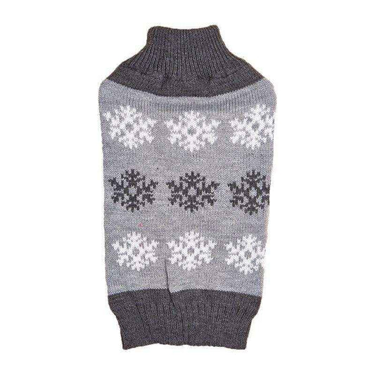 Gray knit dog sweater with white and dark gray snowflake patterns