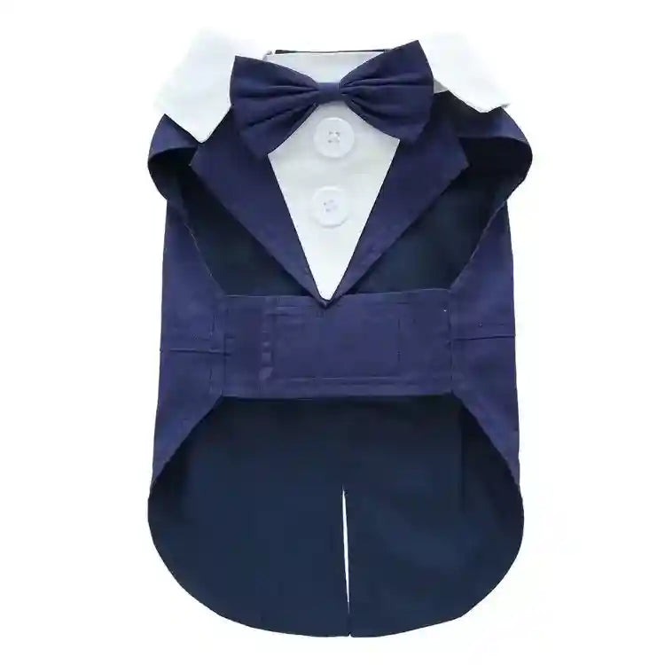 Navy blue and white pet tuxedo shirt with bow tie and buttons for dogs
