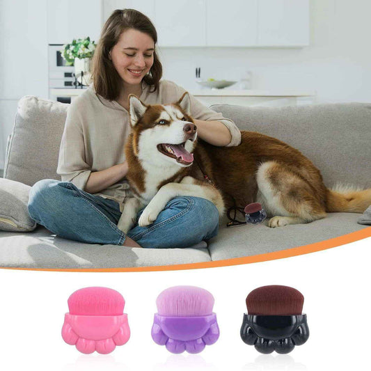 Woman sitting on couch petting large brown and white husky dog with pet grooming brushes below