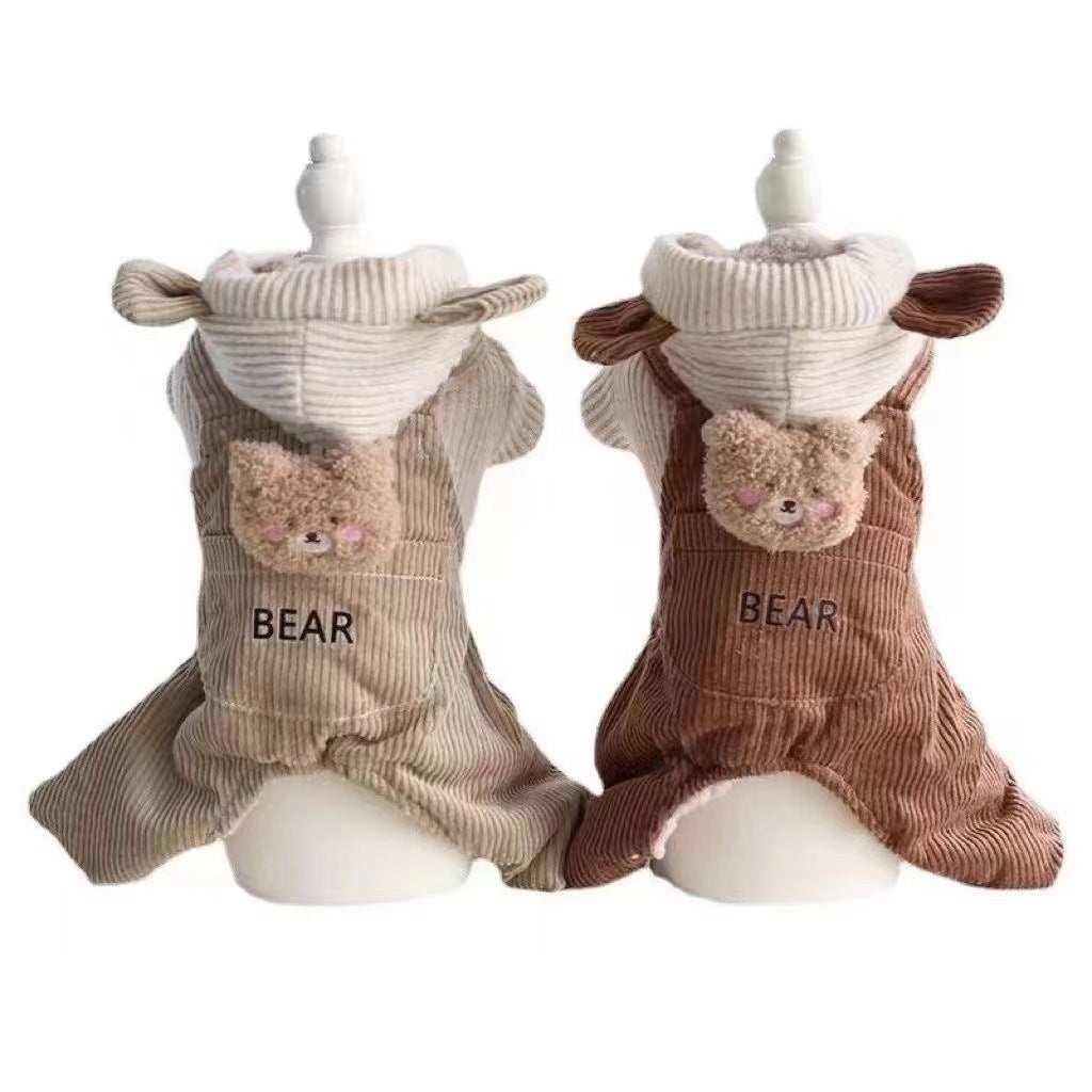 "Bear" Dog Overalls - Warm Fleece with Hood and Teddy Bear
