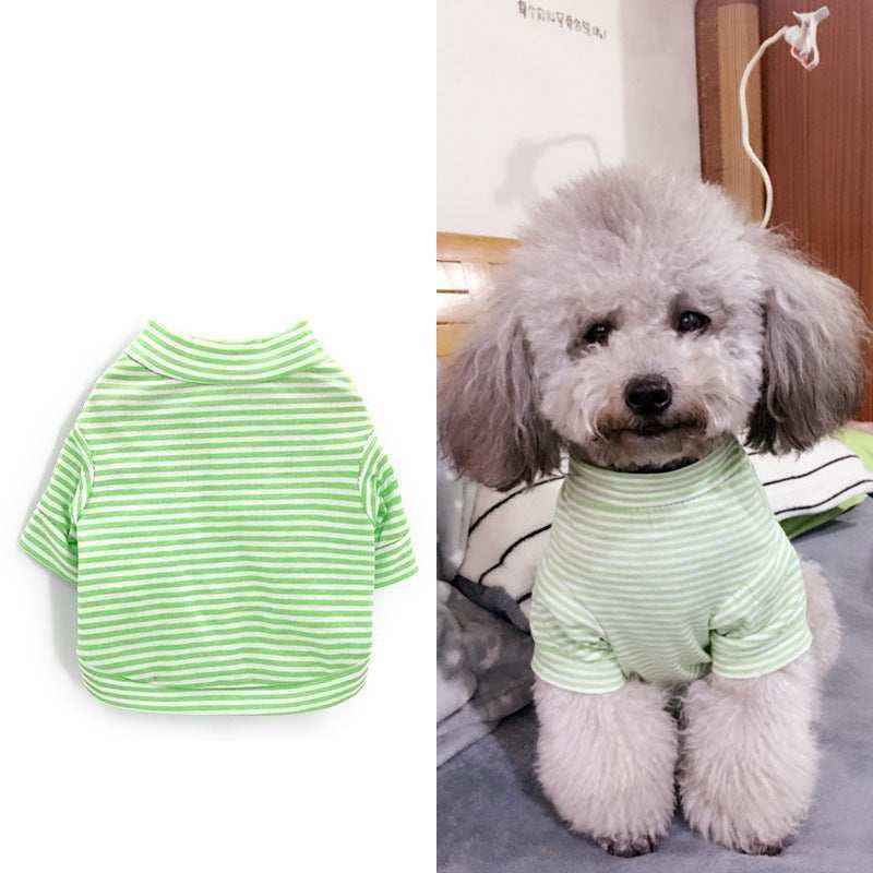 Small gray poodle wearing light green and white striped dog shirt, next to shirt displayed alone