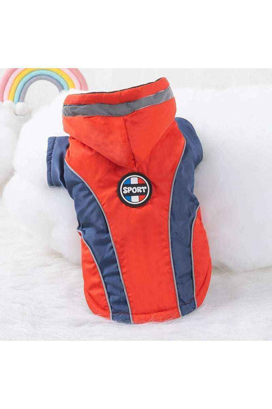 Red and blue sporty dog jacket with hood and reflective stripe on soft white background