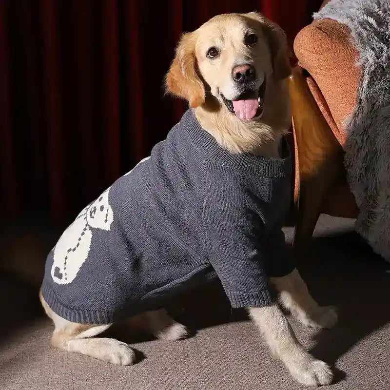 Golden retriever dog wearing gray sweater with white snowman design sitting indoors on carpet