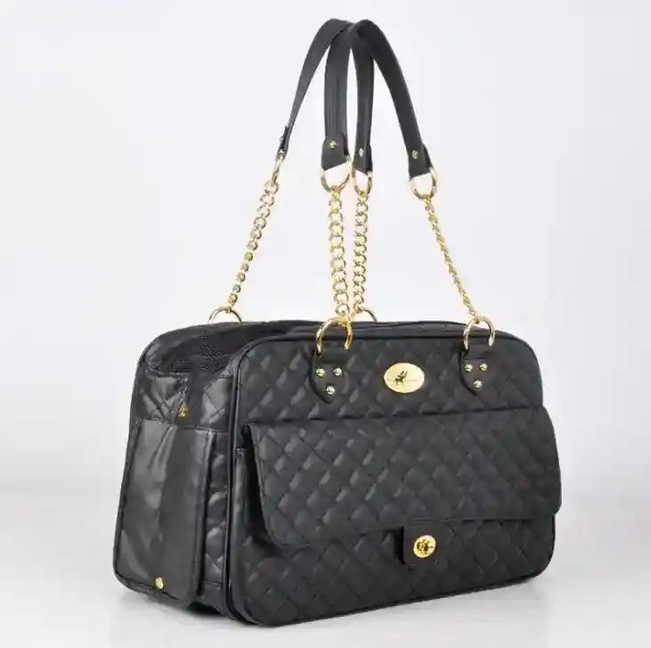 Black quilted eco leather pet carrier bag with gold chain straps and front pocket