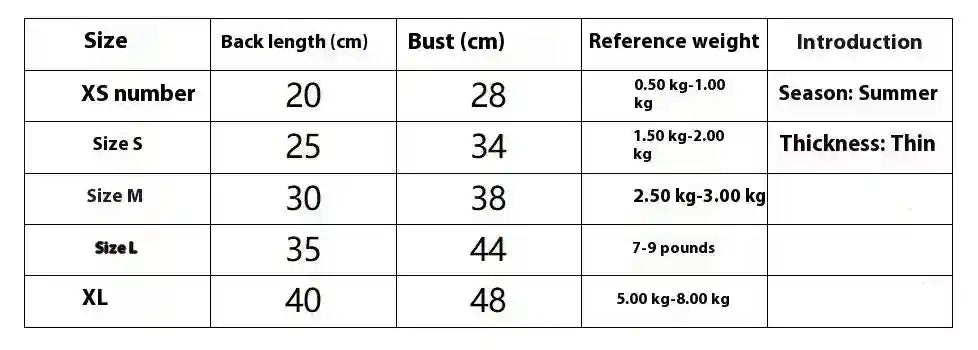 Size chart for summer thin clothing showing back length and bust measurements in cm with reference weights