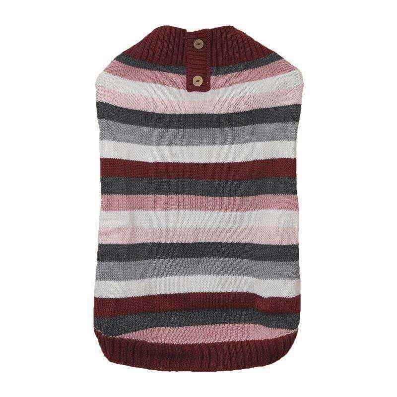 Striped knit dog sweater in burgundy, pink, white, and gray with buttoned collar