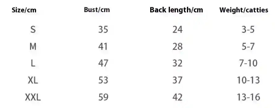 Clothing size chart showing bust, back length in cm, and weight in catties for sizes S to XXL