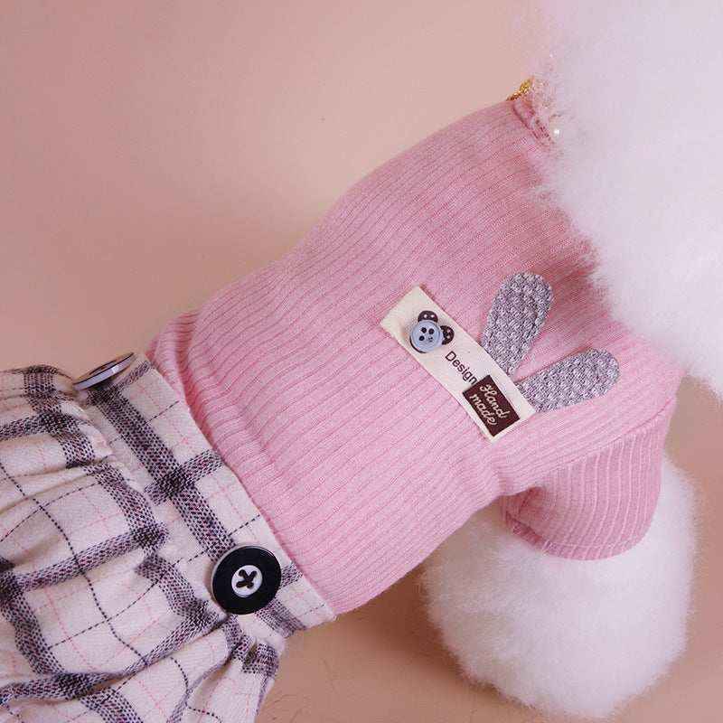 White fluffy dog wearing a pink ribbed sweater and plaid skirt with button details