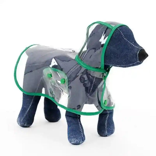 Denim dog mannequin wearing a transparent raincoat with green trim on a white background