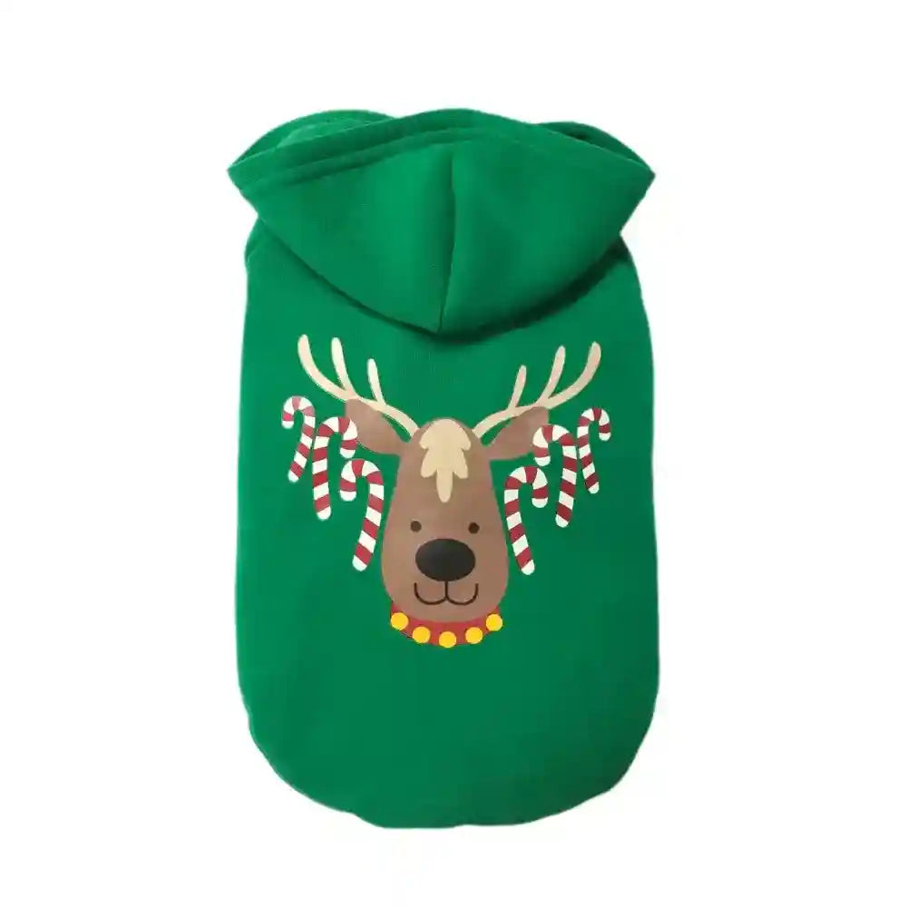 Green pet hoodie with a cute reindeer face and candy canes on antlers Christmas design