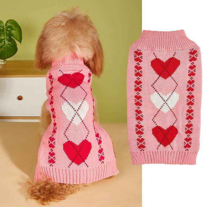 Small dog wearing pink knit sweater with red and white heart pattern, shown with matching sweater flat lay