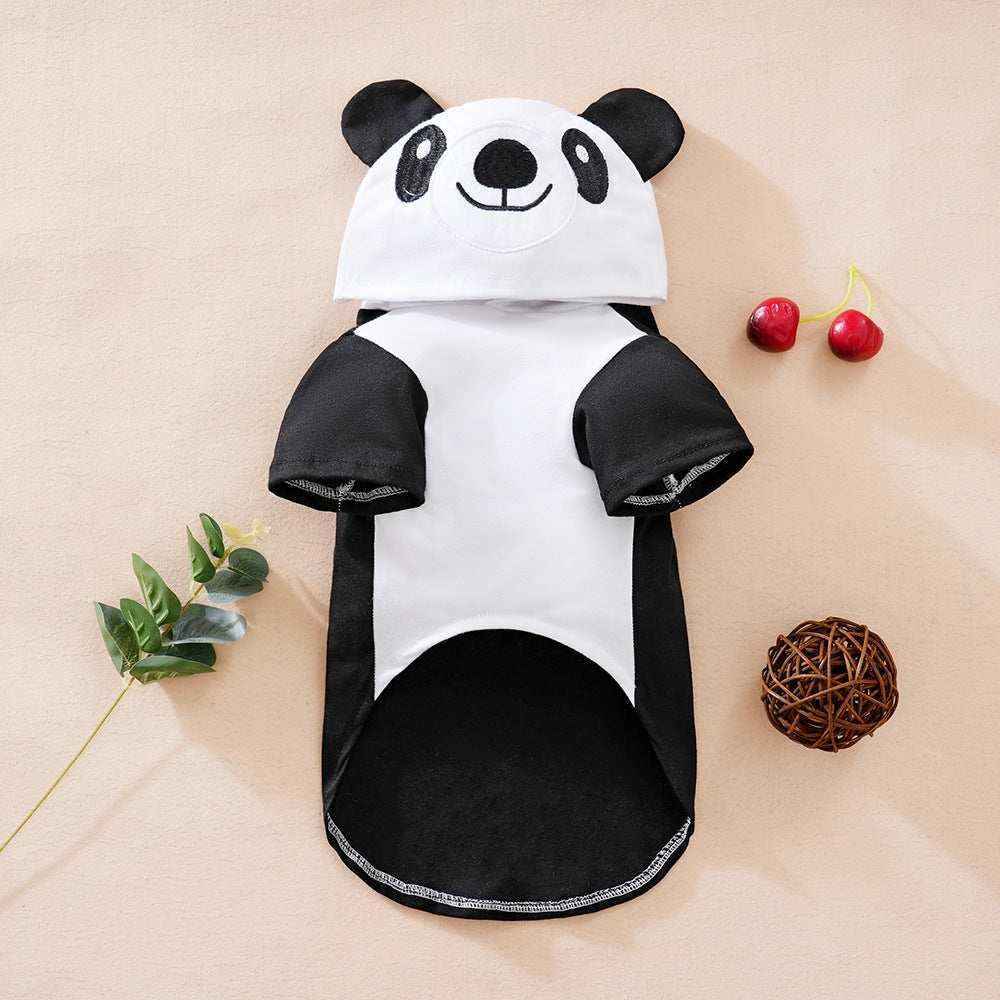 Black and white panda-themed pet hoodie with ears and face design on beige background