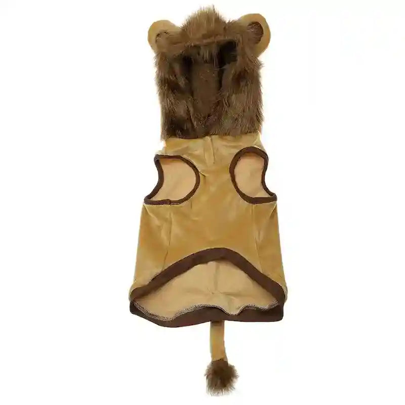 Brown lion costume for pets with faux fur mane, ears, and tail, designed for small dogs