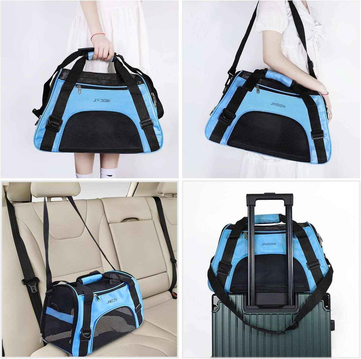 Portable blue and black pet carrier bag with shoulder strap and handles shown in various carrying and travel settings