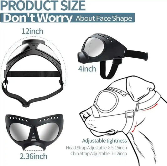 Adjustable black dog muzzle with reflective lenses and straps, designed for different face shapes