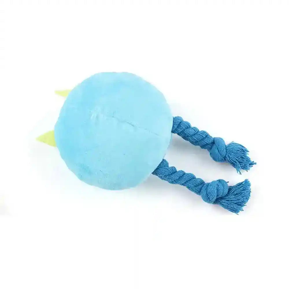 Blue round plush dog toy with knotted rope ends and yellow fabric spikes