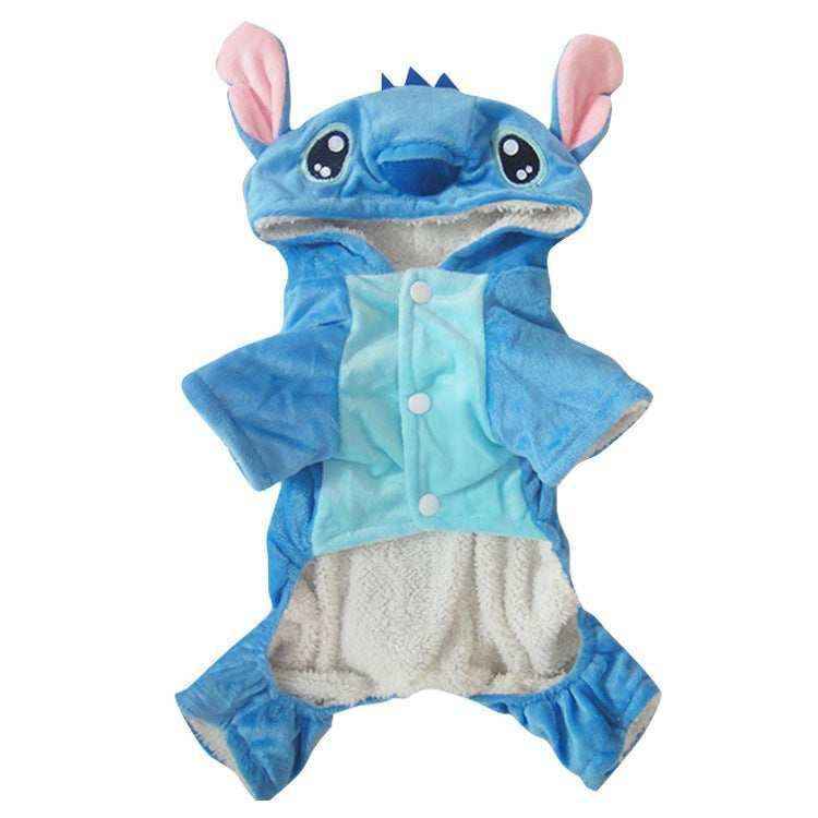 Blue plush pet costume with hood featuring cartoon face, pink ears, and button closure