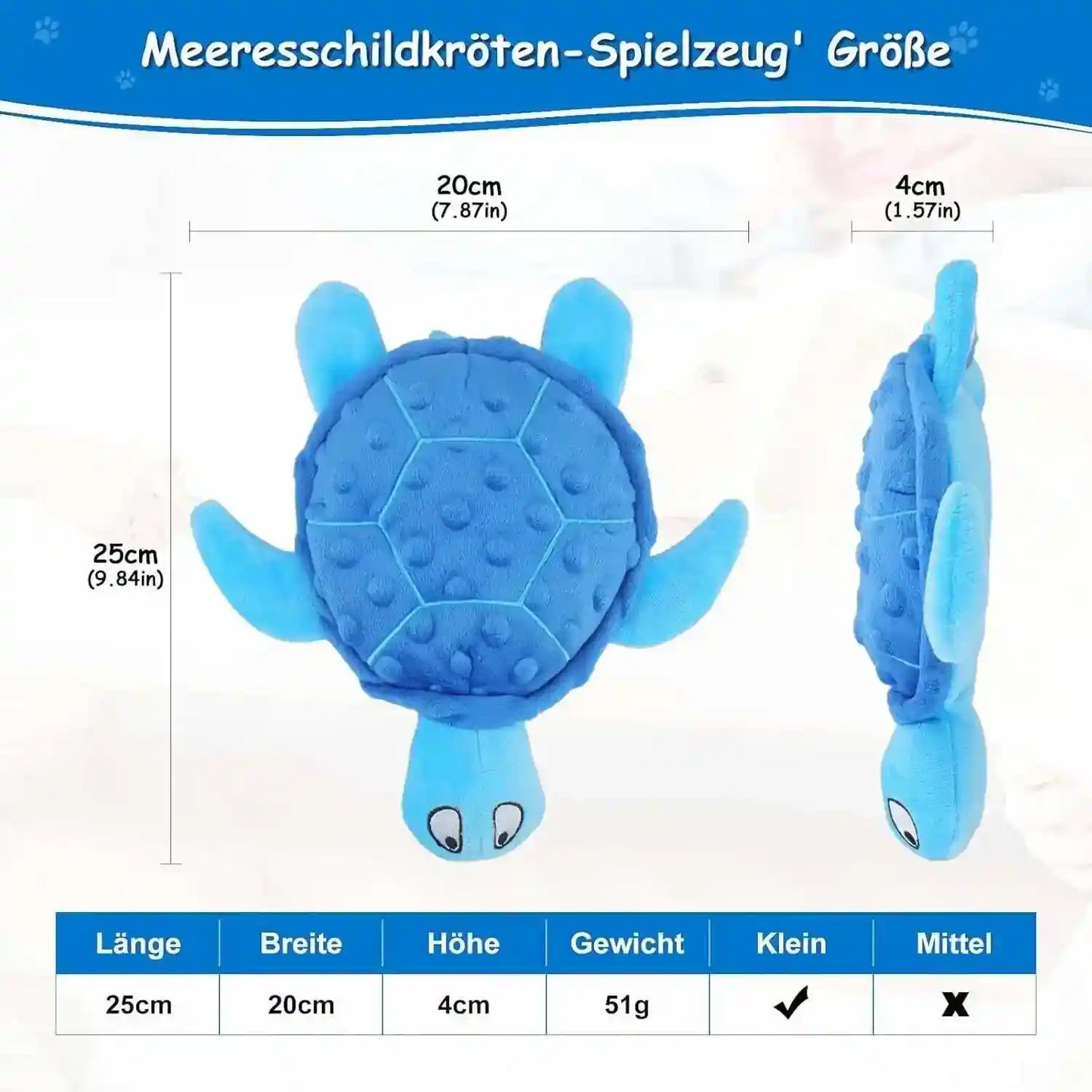 Blue plush sea turtle toy with dimensions 25cm length, 20cm width, 4cm height, and 51g weight