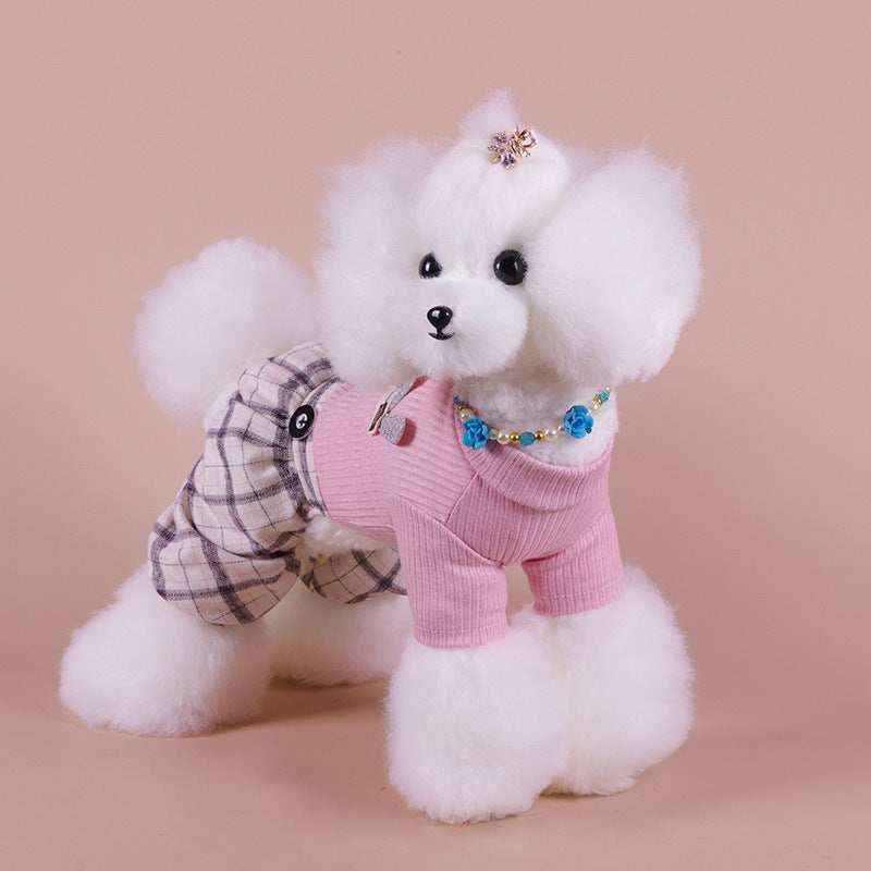 White poodle dog wearing pink sweater and plaid pants with blue flower necklace on beige background
