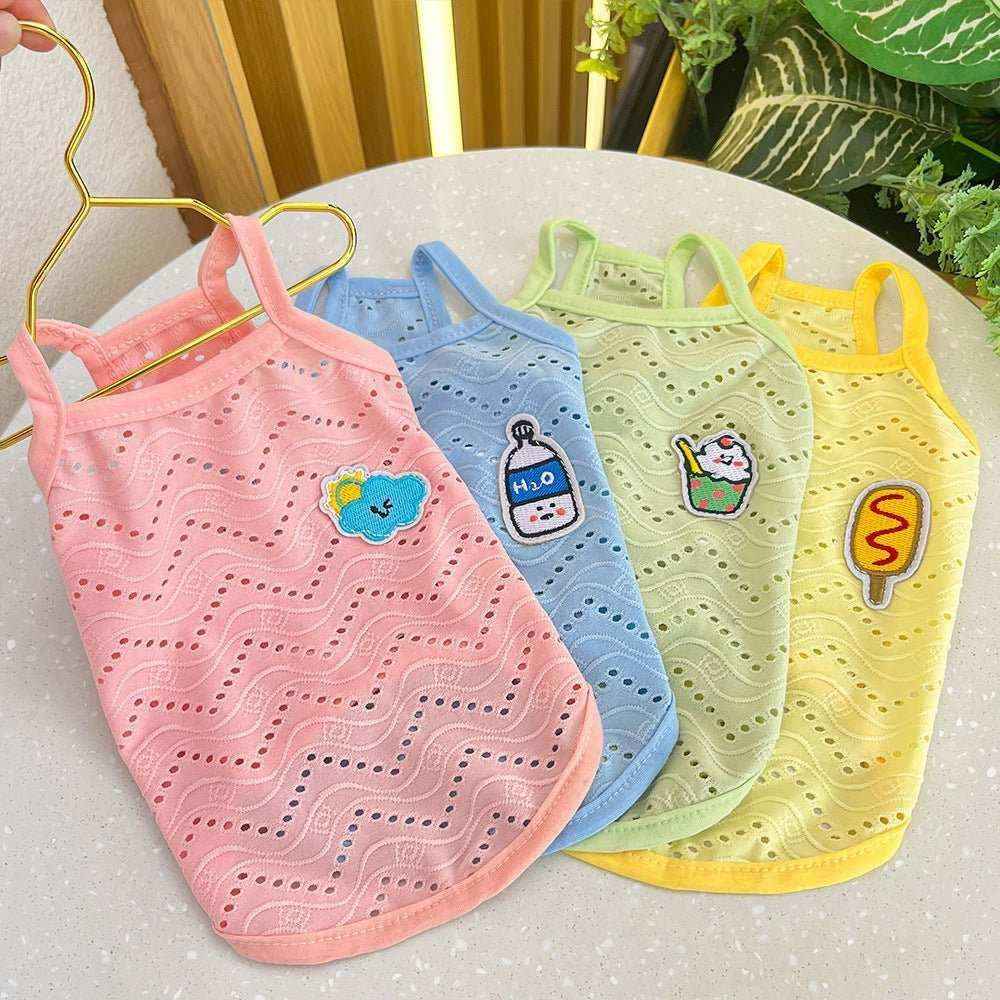 Colorful breathable dog tank tops with cute food and weather patches on table