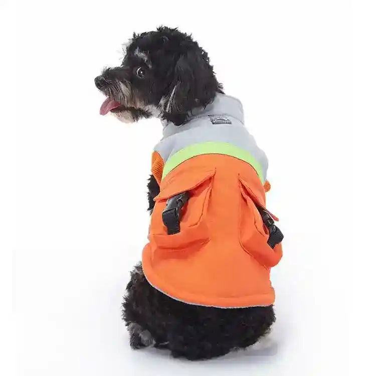 Black dog wearing an orange and grey reflective dog jacket with pockets, sitting and looking sideways
